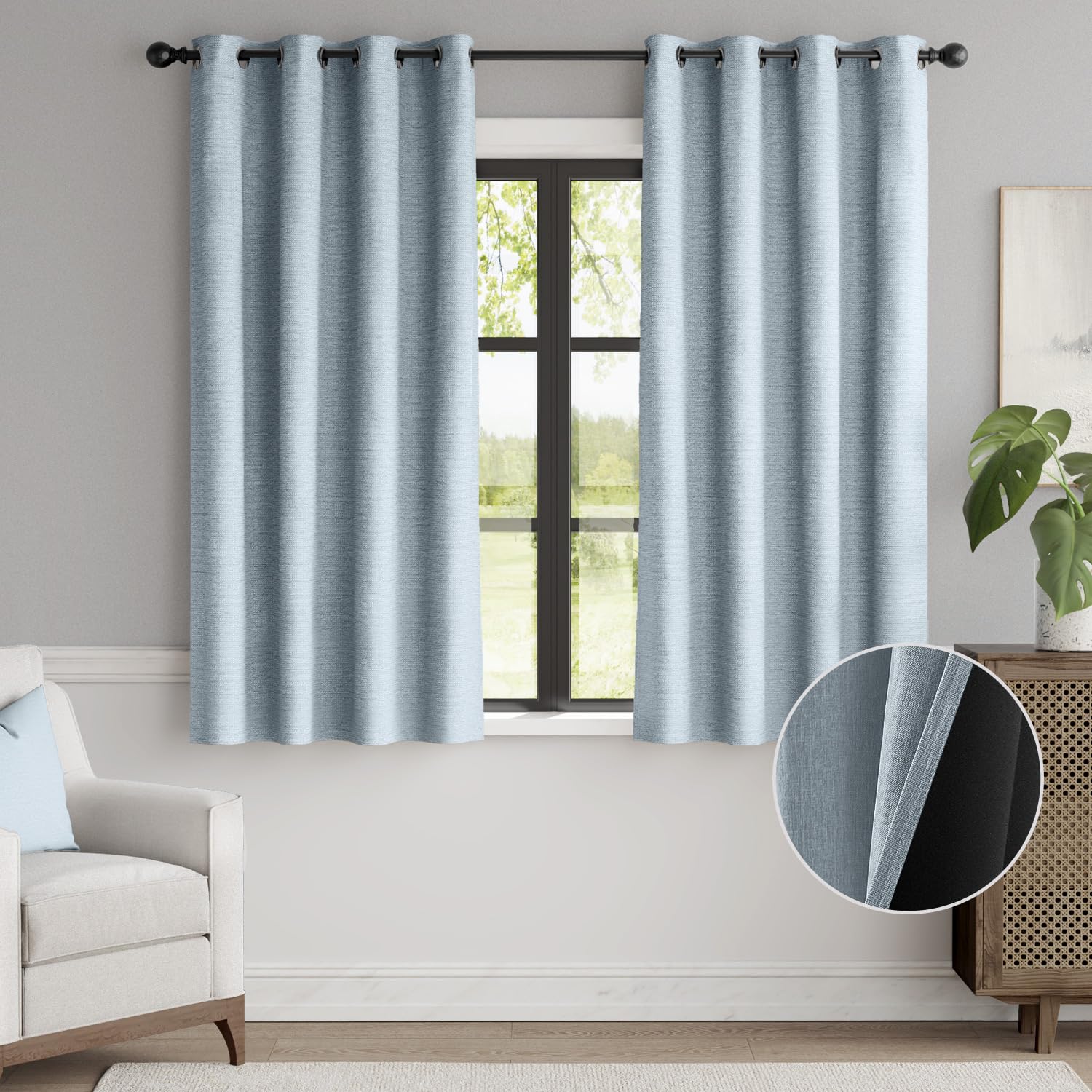 Jinchan 95% Blackout Curtain 63 Inches Long, Faux Linen Curtain For Living Room, Thermal Insulated Room Darkening Grommet Top Window Drape, 1 Panel Curtain For Bedroom Dust Blue